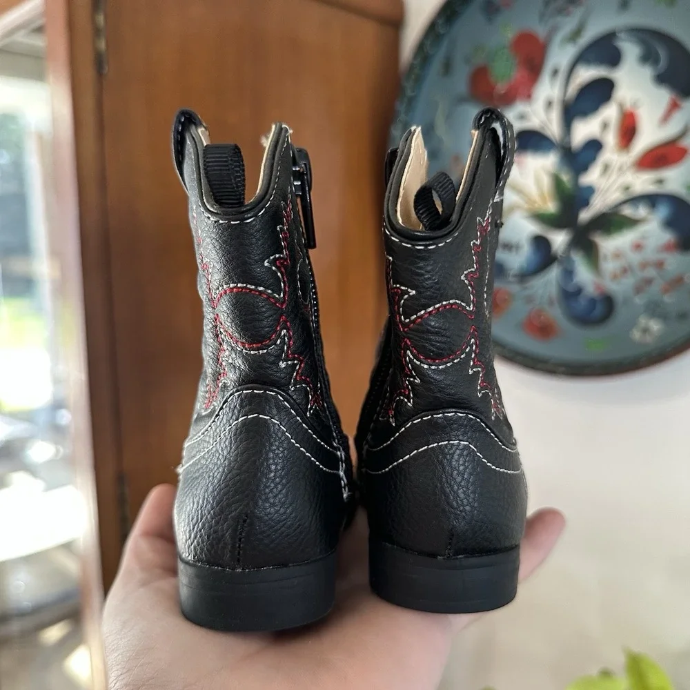 Healthtex Baby Infant Cowboy Boots Soft Black Red Western Zip Hard Sole 4 NEW